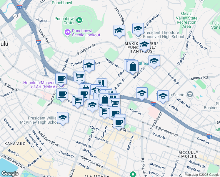 map of restaurants, bars, coffee shops, grocery stores, and more near 1155 Hassinger Street in Honolulu
