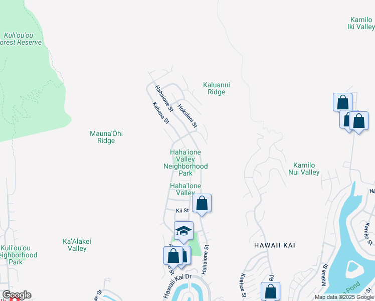map of restaurants, bars, coffee shops, grocery stores, and more near 597 Kahena Street in Honolulu