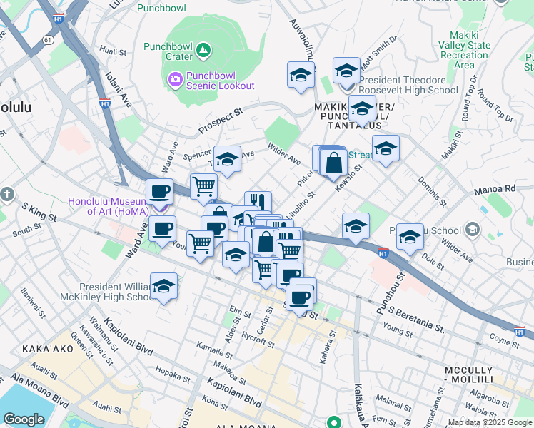 map of restaurants, bars, coffee shops, grocery stores, and more near 1402 Piikoi Street in Honolulu