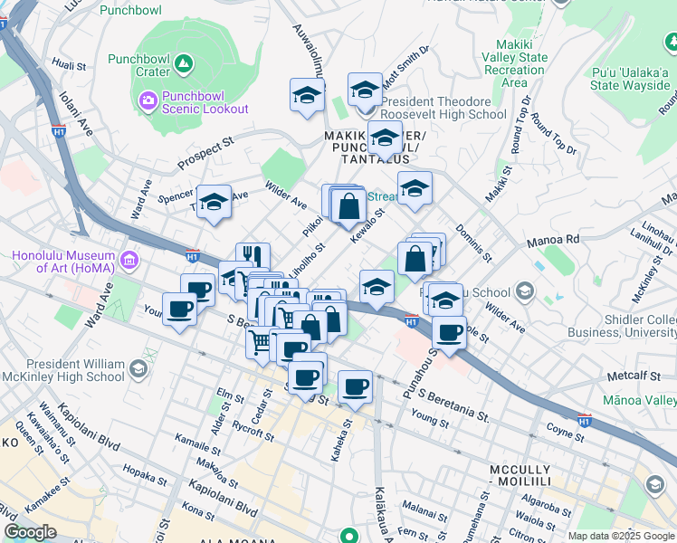 map of restaurants, bars, coffee shops, grocery stores, and more near 1505 Kewalo Street in Honolulu
