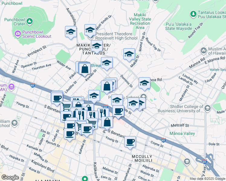 map of restaurants, bars, coffee shops, grocery stores, and more near 1514 Wilder Avenue in Honolulu