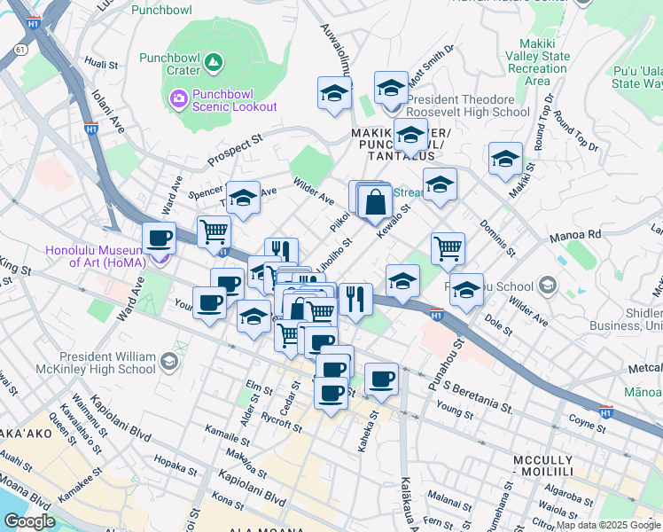 map of restaurants, bars, coffee shops, grocery stores, and more near 1448 Liholiho Street in Honolulu