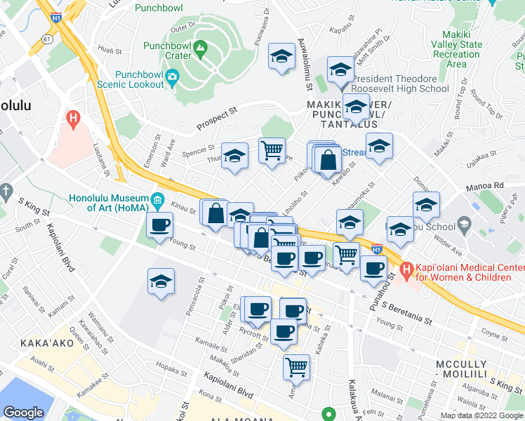 map of restaurants, bars, coffee shops, grocery stores, and more near 1155 Hassinger Street in Honolulu