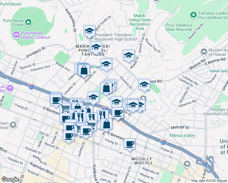 map of restaurants, bars, coffee shops, grocery stores, and more near 1628 Makiki Street in Honolulu