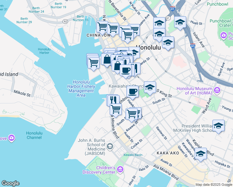 map of restaurants, bars, coffee shops, grocery stores, and more near in Honolulu