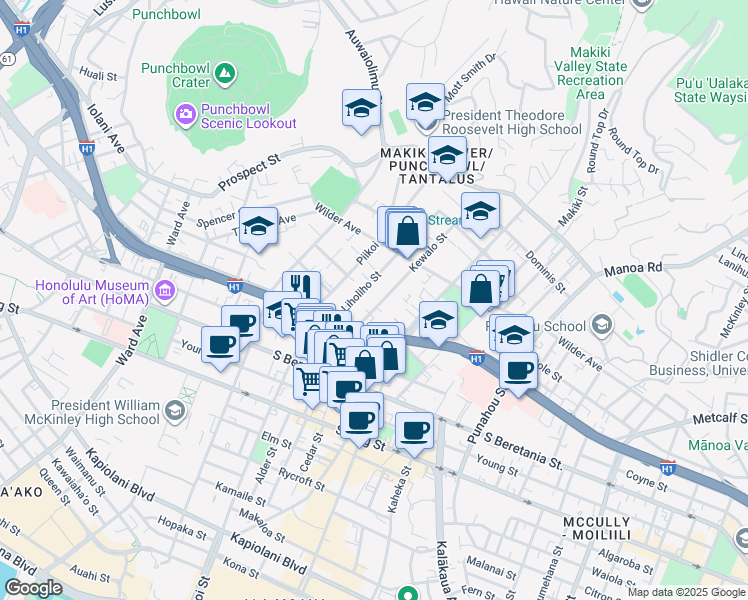 map of restaurants, bars, coffee shops, grocery stores, and more near 1442 Kewalo Street in Honolulu