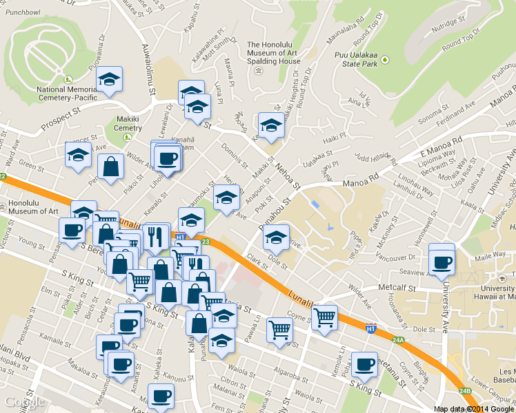 map of restaurants, bars, coffee shops, grocery stores, and more near 1707 Anapuni Street in Honolulu