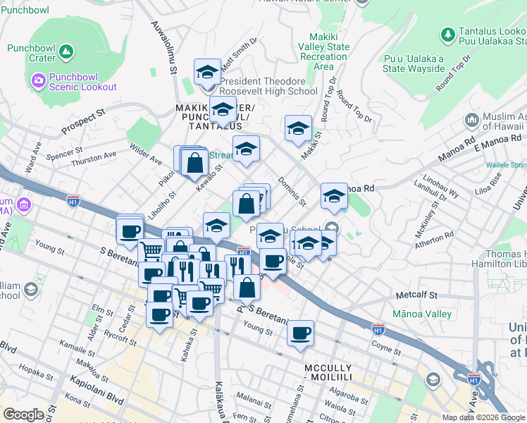 map of restaurants, bars, coffee shops, grocery stores, and more near 1628 Makiki Street in Honolulu
