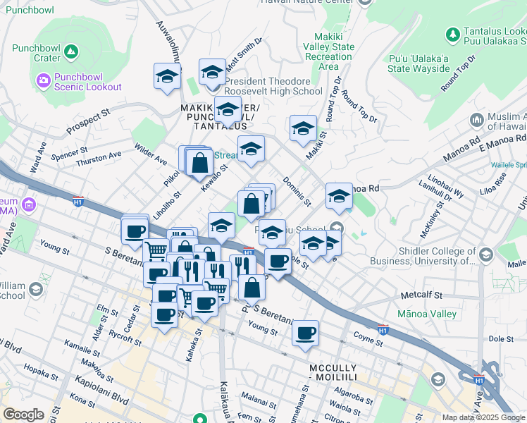 map of restaurants, bars, coffee shops, grocery stores, and more near 1628 Makiki Street in Honolulu