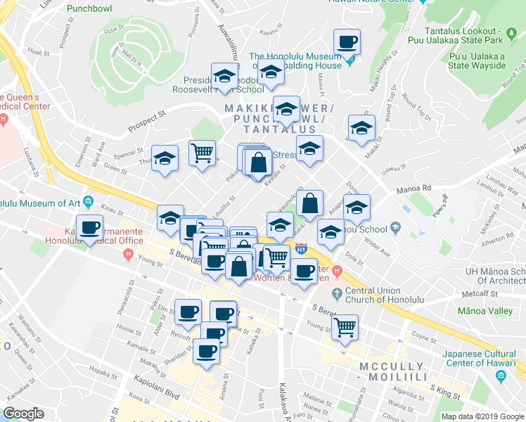 map of restaurants, bars, coffee shops, grocery stores, and more near 1328 Kaihee Street in Honolulu