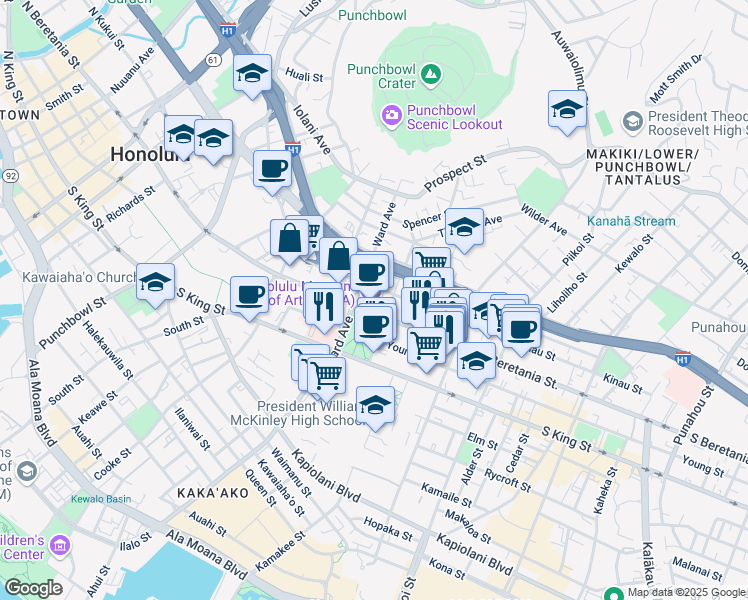 map of restaurants, bars, coffee shops, grocery stores, and more near 900 South Beretania Street in Honolulu