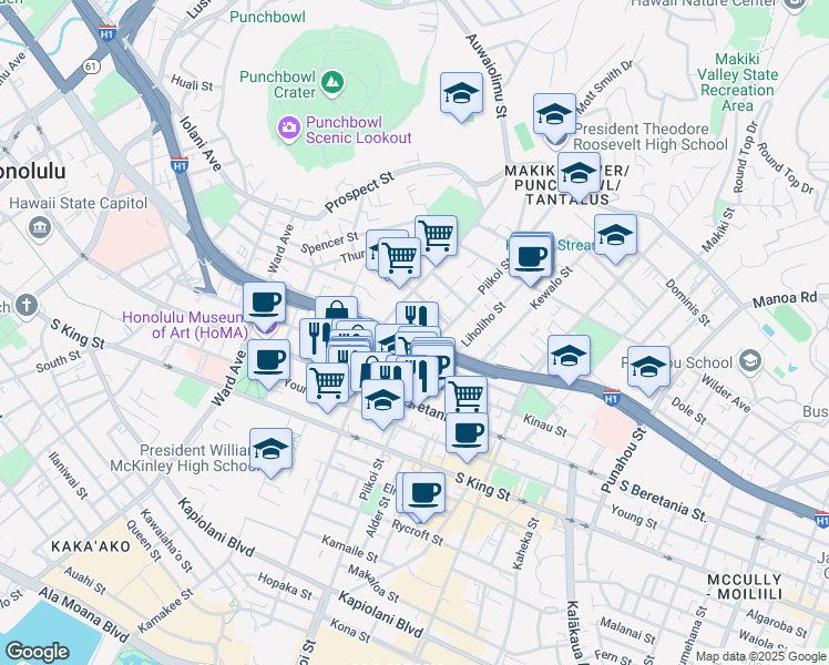 map of restaurants, bars, coffee shops, grocery stores, and more near 1140 Lunalilo Street in Honolulu
