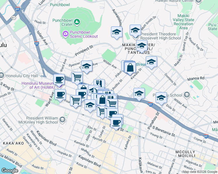 map of restaurants, bars, coffee shops, grocery stores, and more near 1155 Hassinger Street in Honolulu