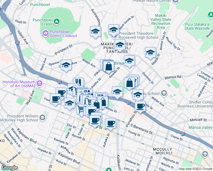 map of restaurants, bars, coffee shops, grocery stores, and more near 1526 Kewalo Street in Honolulu