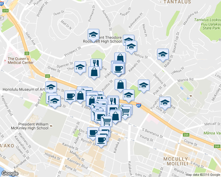map of restaurants, bars, coffee shops, grocery stores, and more near 1526 Kewalo Street in Honolulu