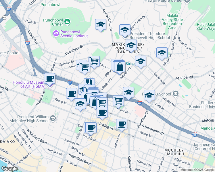 map of restaurants, bars, coffee shops, grocery stores, and more near 1448 Liholiho Street in Honolulu
