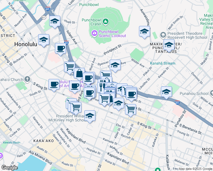 map of restaurants, bars, coffee shops, grocery stores, and more near 1028 Kinau Street in Honolulu