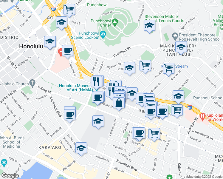 map of restaurants, bars, coffee shops, grocery stores, and more near 1028 Kinau Street in Honolulu