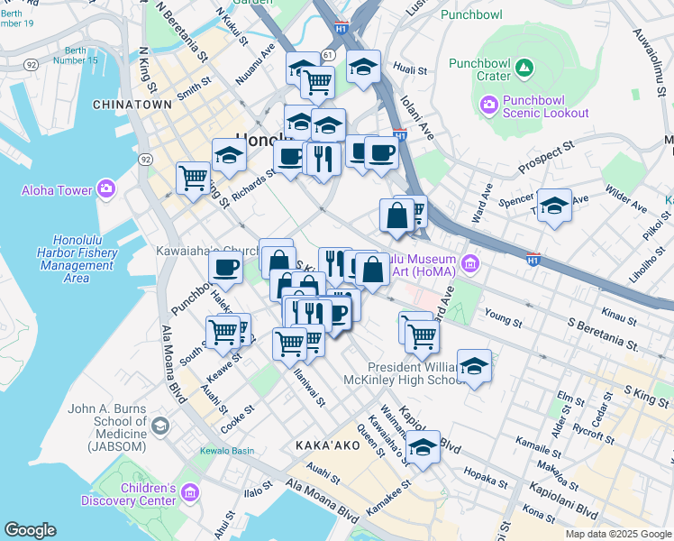 map of restaurants, bars, coffee shops, grocery stores, and more near 650 South King Street in Honolulu