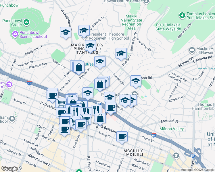 map of restaurants, bars, coffee shops, grocery stores, and more near 1619 Makiki Street in Honolulu