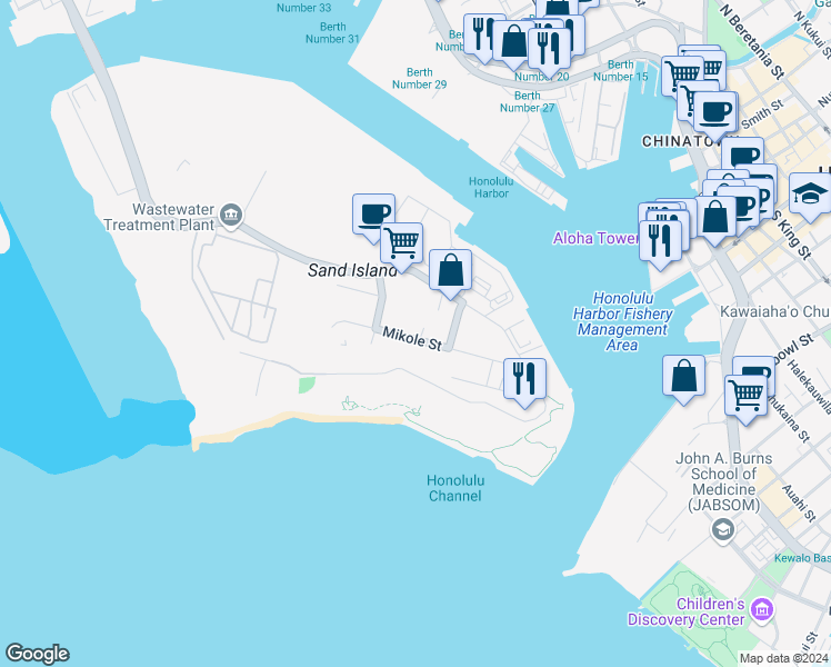 map of restaurants, bars, coffee shops, grocery stores, and more near 308 Kilua Place in Honolulu