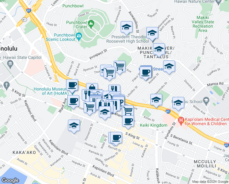 map of restaurants, bars, coffee shops, grocery stores, and more near 1421 Pensacola Street in Honolulu