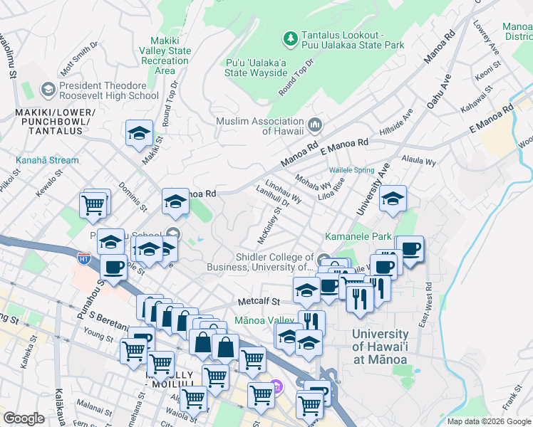 map of restaurants, bars, coffee shops, grocery stores, and more near 2121 Rocky Hill Place in Honolulu