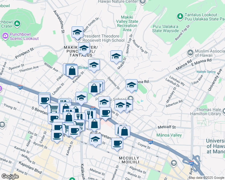 map of restaurants, bars, coffee shops, grocery stores, and more near 1707 Anapuni Street in Honolulu