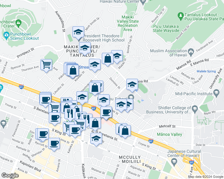 map of restaurants, bars, coffee shops, grocery stores, and more near 1707 Anapuni Street in Honolulu