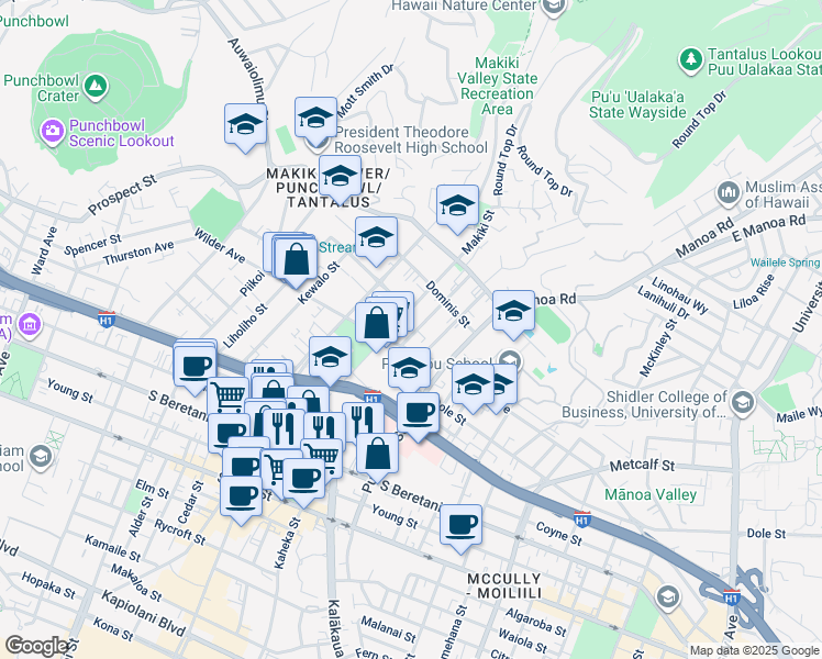 map of restaurants, bars, coffee shops, grocery stores, and more near 1628 Makiki Street in Honolulu