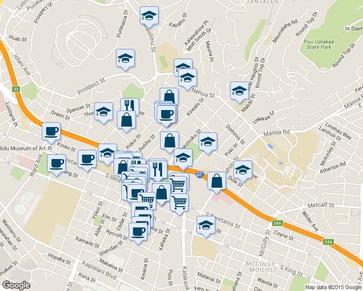 map of restaurants, bars, coffee shops, grocery stores, and more near 1328 Kaihee Street in Honolulu