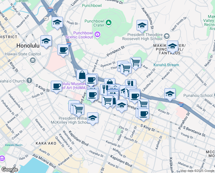 map of restaurants, bars, coffee shops, grocery stores, and more near 1028 Kinau Street in Honolulu