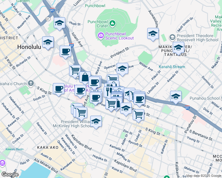 map of restaurants, bars, coffee shops, grocery stores, and more near 1028 Kinau Street in Honolulu