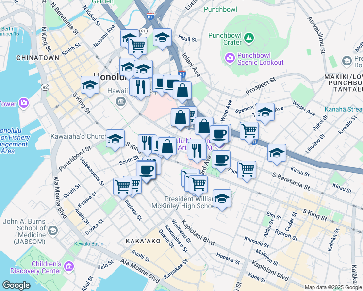 map of restaurants, bars, coffee shops, grocery stores, and more near 735 S Beretania St in Honolulu