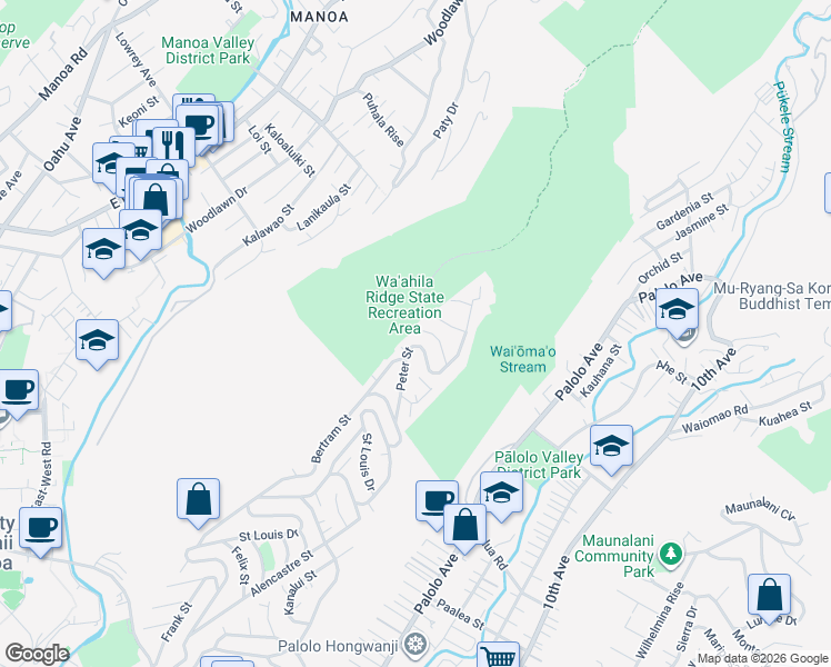 map of restaurants, bars, coffee shops, grocery stores, and more near 100 Ruth Place in Honolulu
