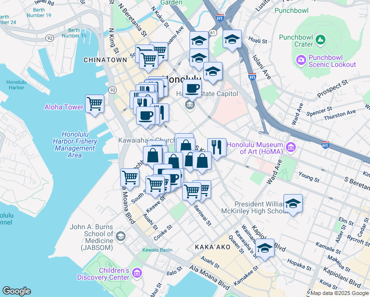 map of restaurants, bars, coffee shops, grocery stores, and more near 555 South King Street in Honolulu