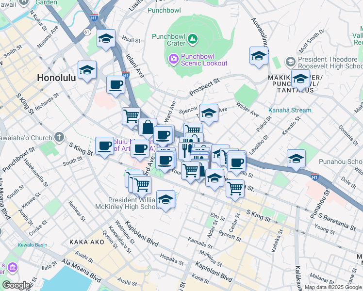 map of restaurants, bars, coffee shops, grocery stores, and more near 1028 Kinau Street in Honolulu