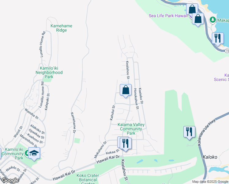 map of restaurants, bars, coffee shops, grocery stores, and more near 1245 Pihana Street in Honolulu