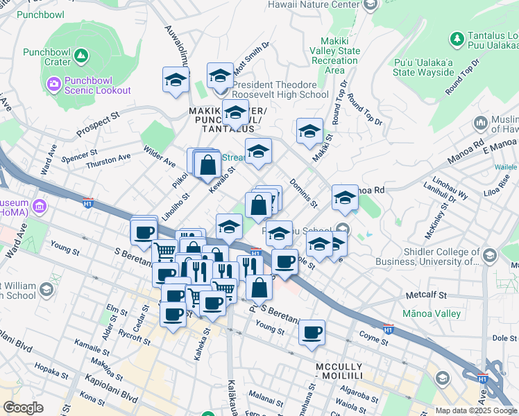 map of restaurants, bars, coffee shops, grocery stores, and more near 1628 Makiki Street in Honolulu