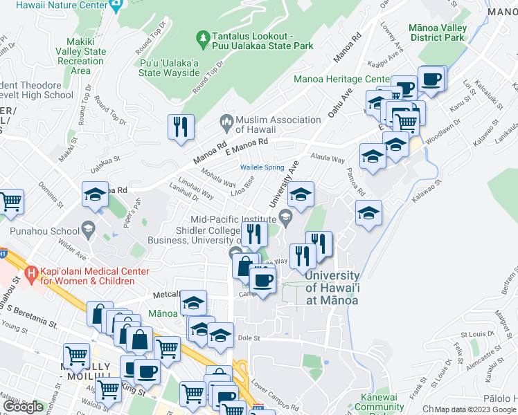 map of restaurants, bars, coffee shops, grocery stores, and more near 2312 Kaala Street in Honolulu