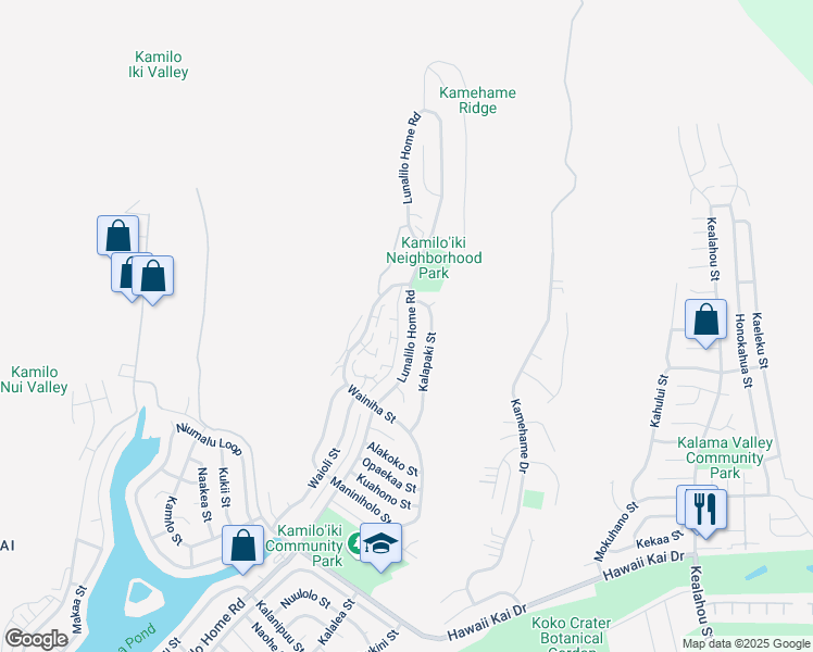 map of restaurants, bars, coffee shops, grocery stores, and more near 1064 Lunalilo Home Road in Honolulu
