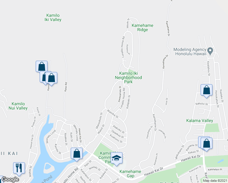 map of restaurants, bars, coffee shops, grocery stores, and more near 1141 Wainiha Street in Honolulu