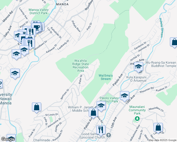 map of restaurants, bars, coffee shops, grocery stores, and more near 1619 Ruth Place in Honolulu