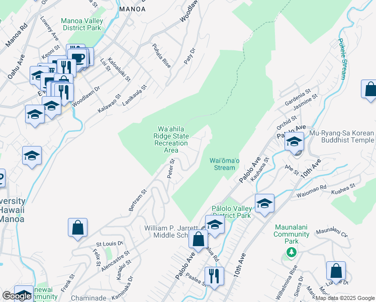 map of restaurants, bars, coffee shops, grocery stores, and more near 1619 Ruth Place in Honolulu