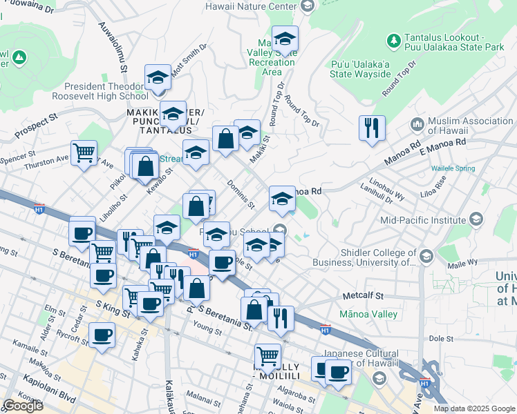 map of restaurants, bars, coffee shops, grocery stores, and more near 1808 Punahou Street in Honolulu