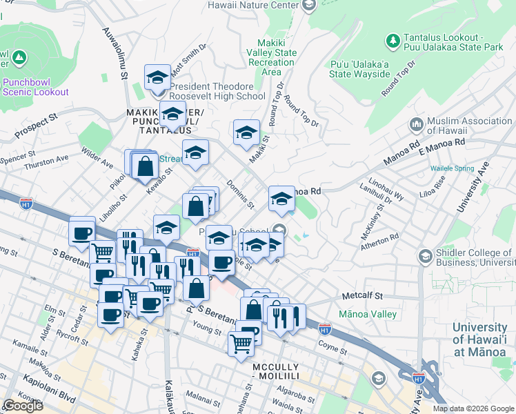 map of restaurants, bars, coffee shops, grocery stores, and more near 1808 Punahou Street in Honolulu