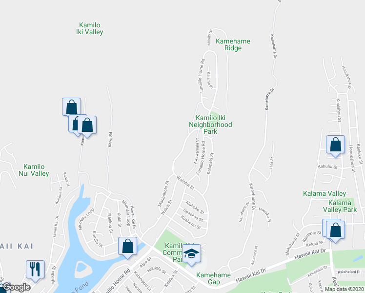 map of restaurants, bars, coffee shops, grocery stores, and more near 1141 Wainiha Street in Honolulu