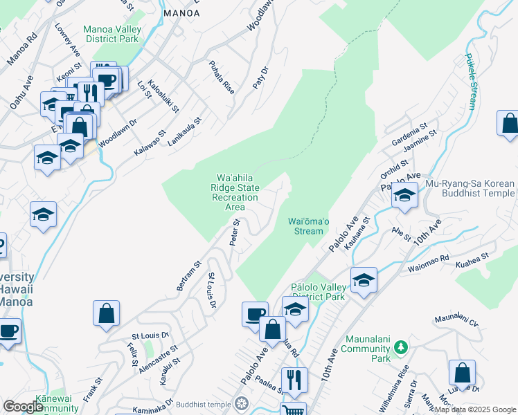 map of restaurants, bars, coffee shops, grocery stores, and more near 1646 Ruth Place in Honolulu