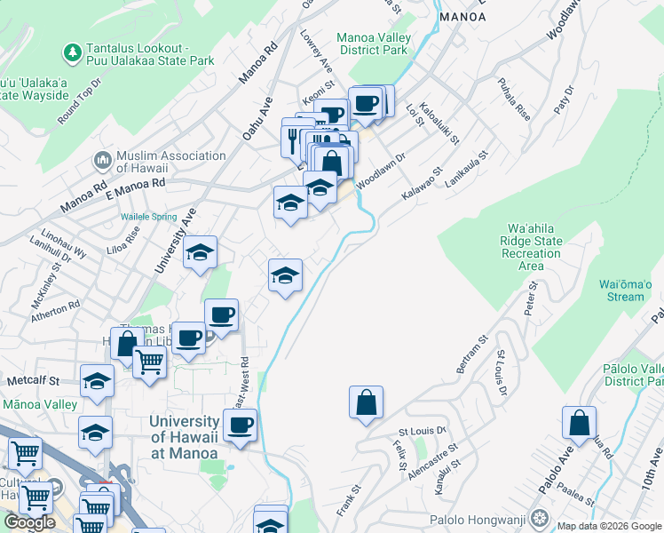 map of restaurants, bars, coffee shops, grocery stores, and more near 2826 Kalawao Street in Honolulu