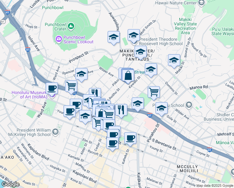 map of restaurants, bars, coffee shops, grocery stores, and more near 1448 Liholiho Street in Honolulu